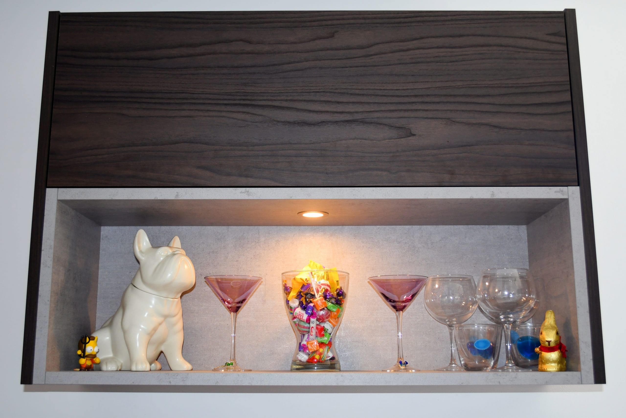 Two Tone Concrete and Dark Walnut Handle-less and Slab Kitchen - feature open unit Stonemill Kitchens