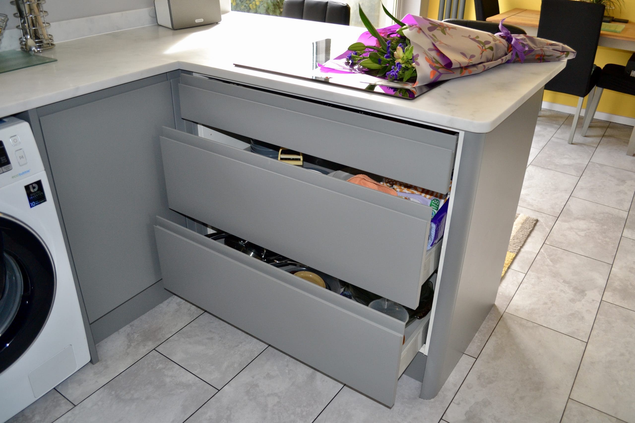 Dust Grey J Handle Kitchen with 3 open drawers