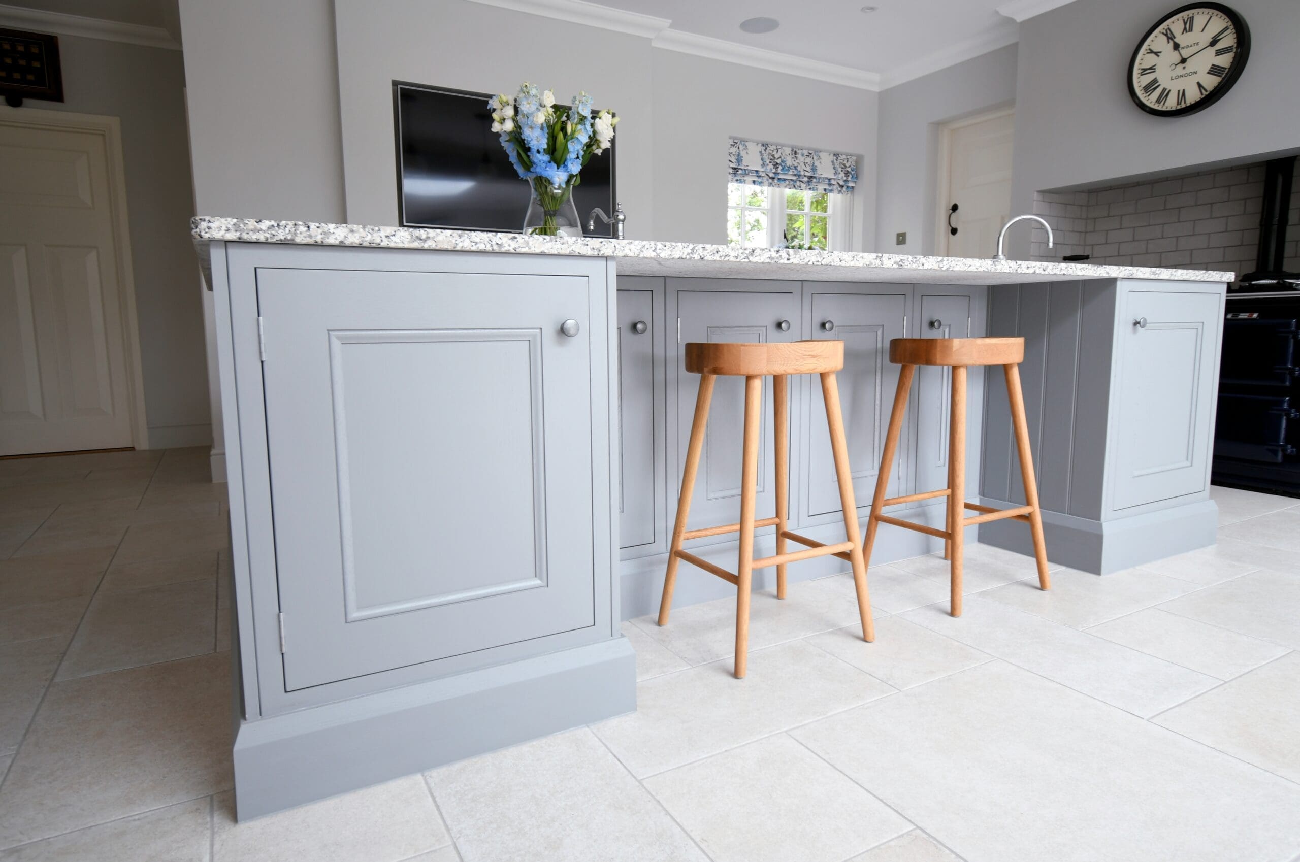 Dust Grey Central Island Inframe Kitchen with Granite worktop Stonemill Kitchens