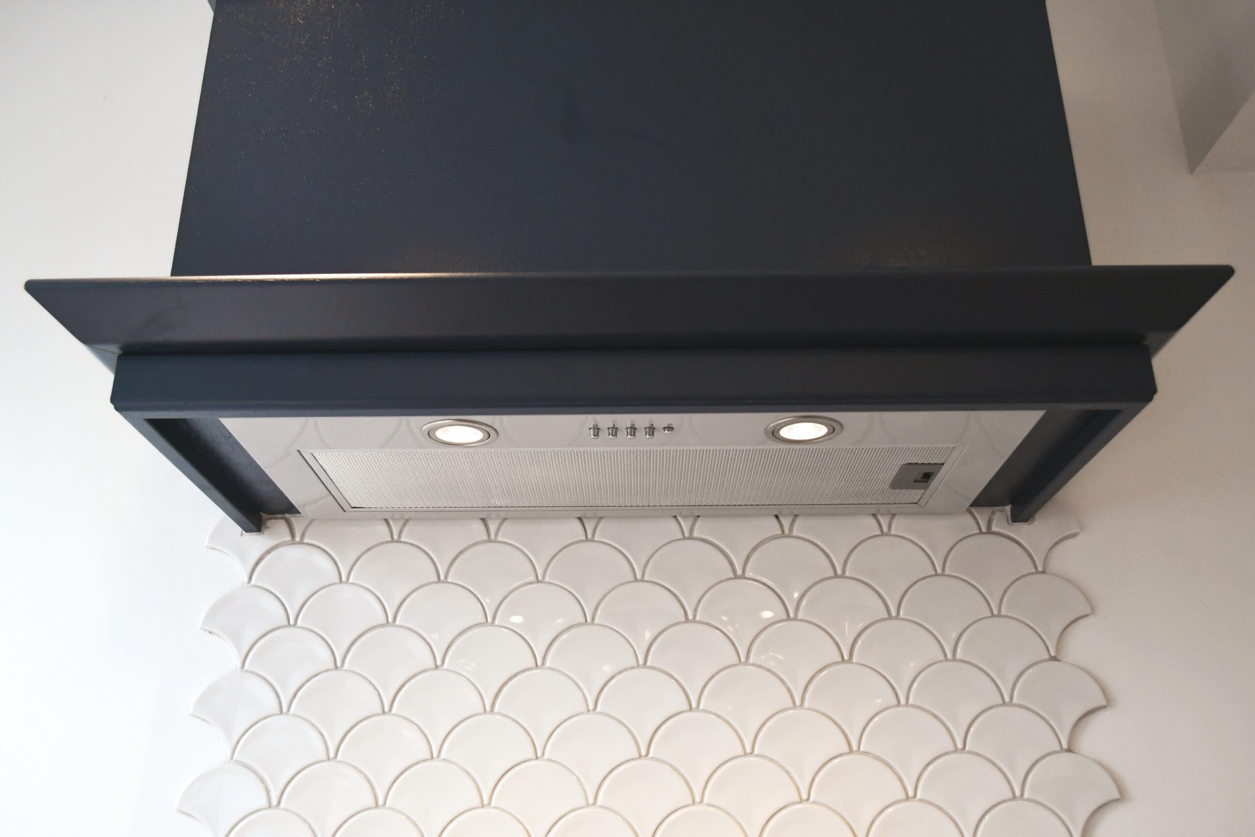 Prussian Blue Skinny Shaker Kitchen Pantry Bespoke Extractor Hood Cover Stonemill Kitchens