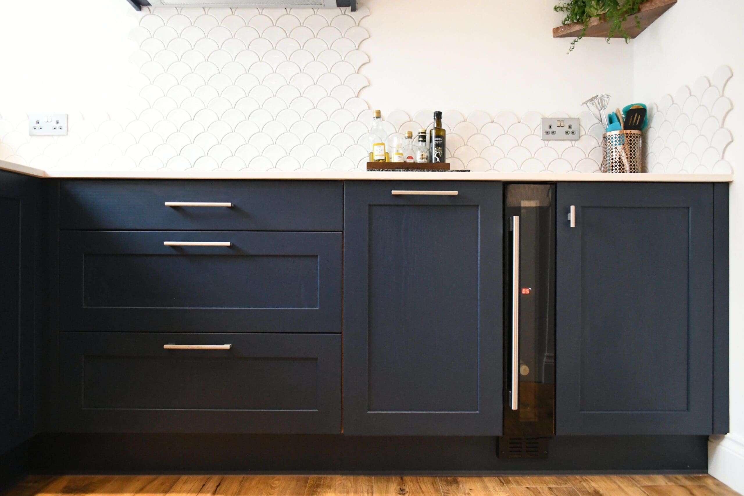 Prussian Blue Skinny Shaker Kitchen 15cm Wine Cooler Quartz Worktop Stonemill Kitchens