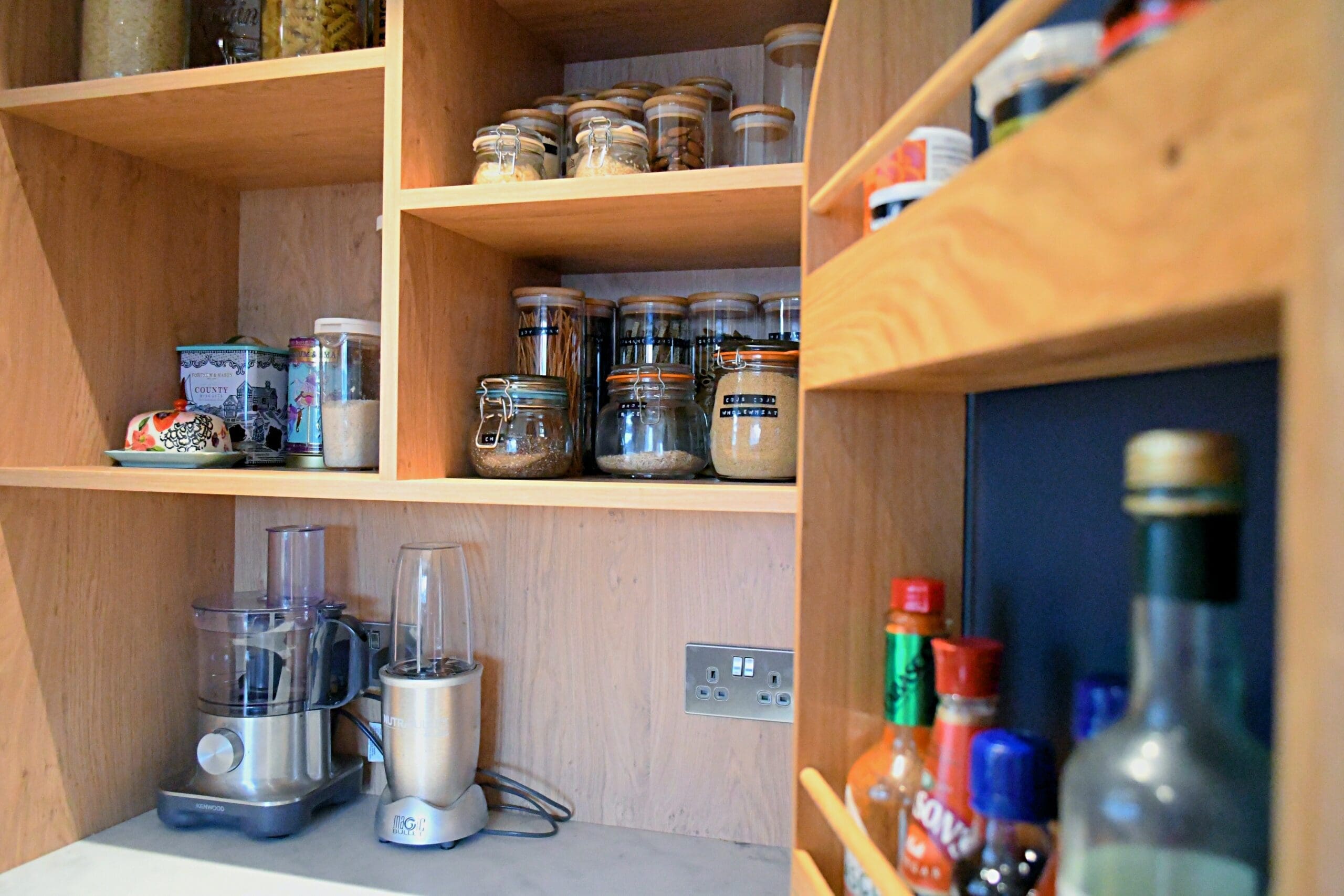 Prussian Blue Skinny Shaker Kitchen Pantry Oak Carcase Spice Racks Quartz Worktop Stonemill Kitchens