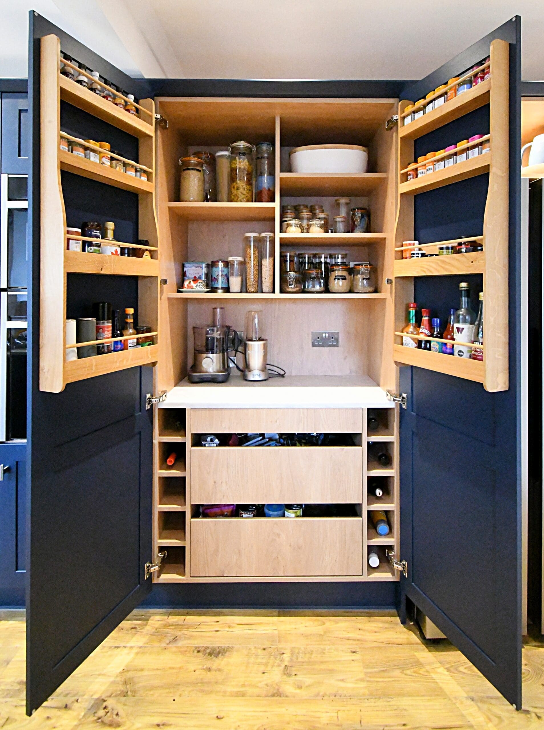 Prussian Blue Skinny Shaker Kitchen Pantry Oak Carcase Spice Racks Quartz Worktop Stonemill Kitchens