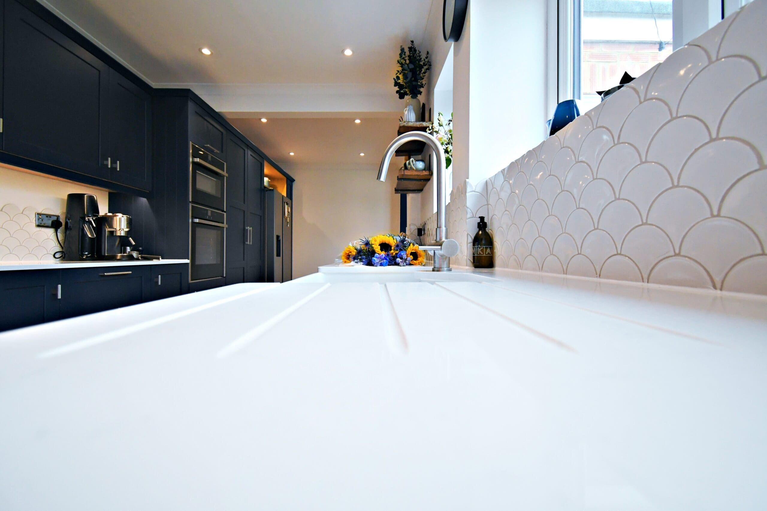 Prussian Blue Skinny Shaker Kitchen Sink and Drainer Grooves Stonemill Kitchens