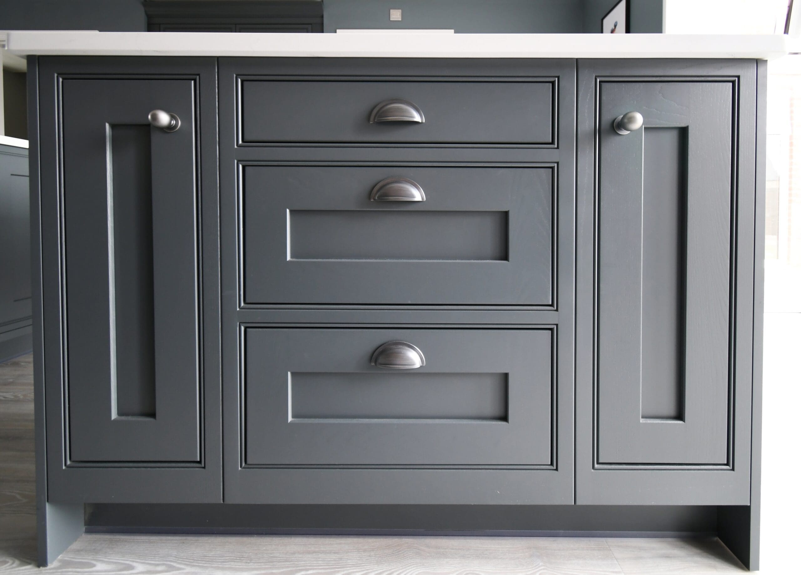 In-frame Painted Farrow and Ball Downpipe Franke Central Island Stonemill Kitchens