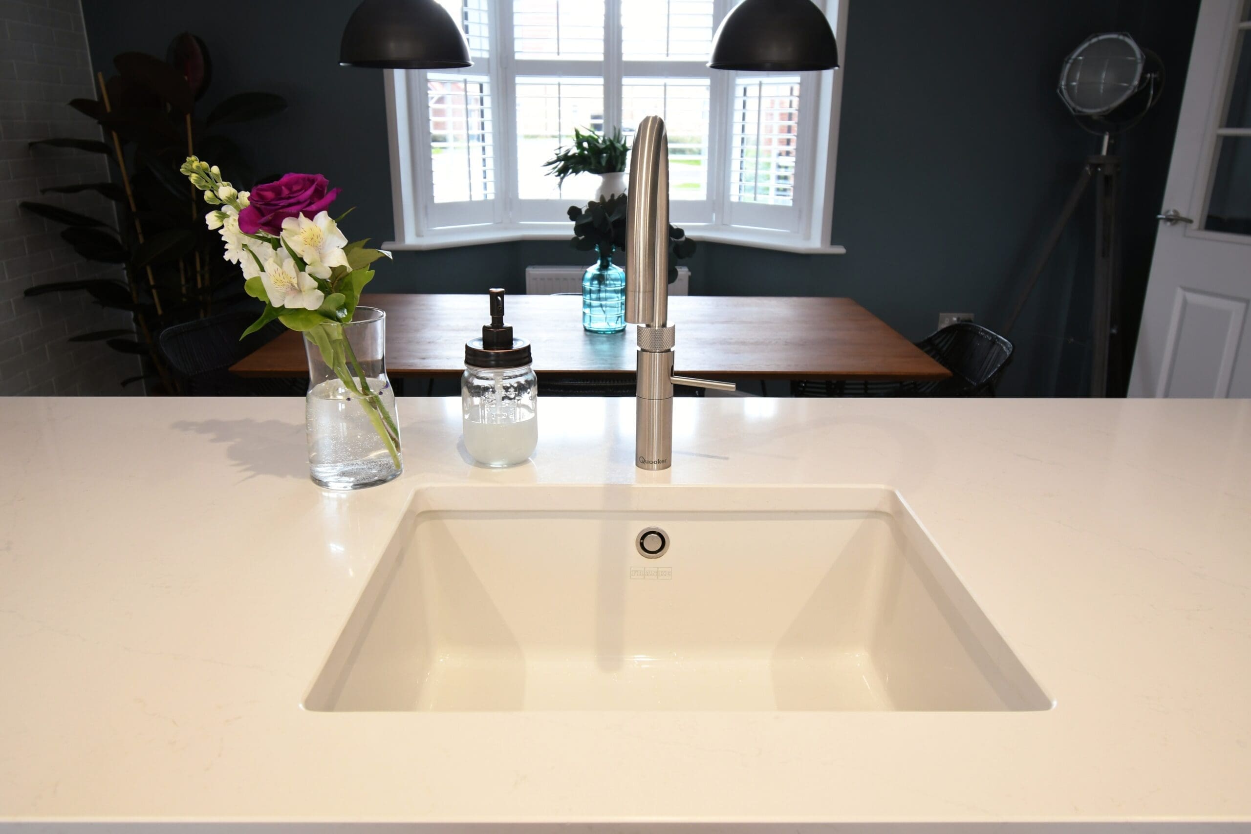 In-frame Painted Farrow and Ball Downpipe Franke Sink Quooker Tap Stonemill Kitchens