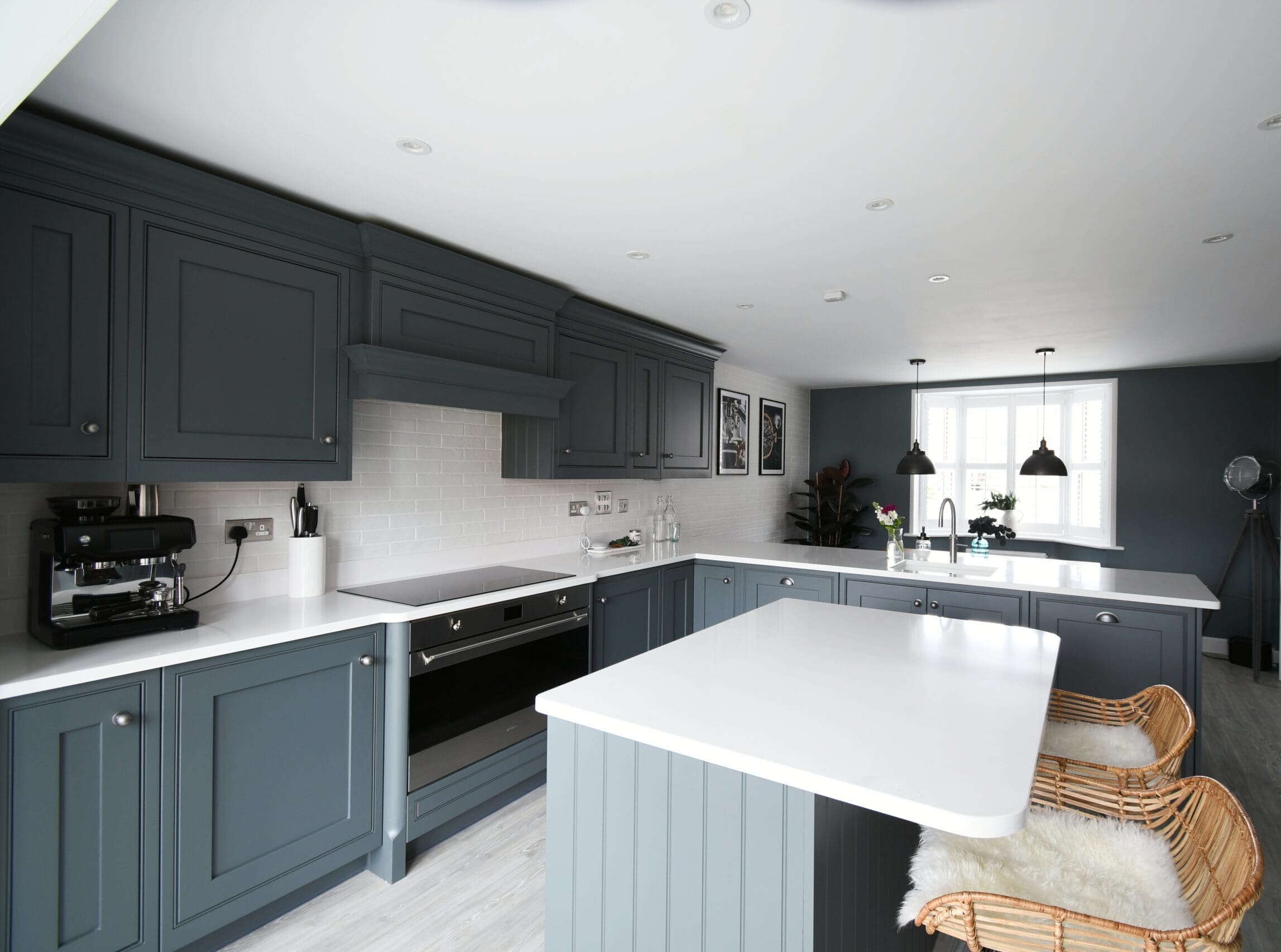 In-frame Painted Farrow and Ball Downpipe Island Canopy Extractor Quooker Tap Stonemill Kitchens Smeg Oven
