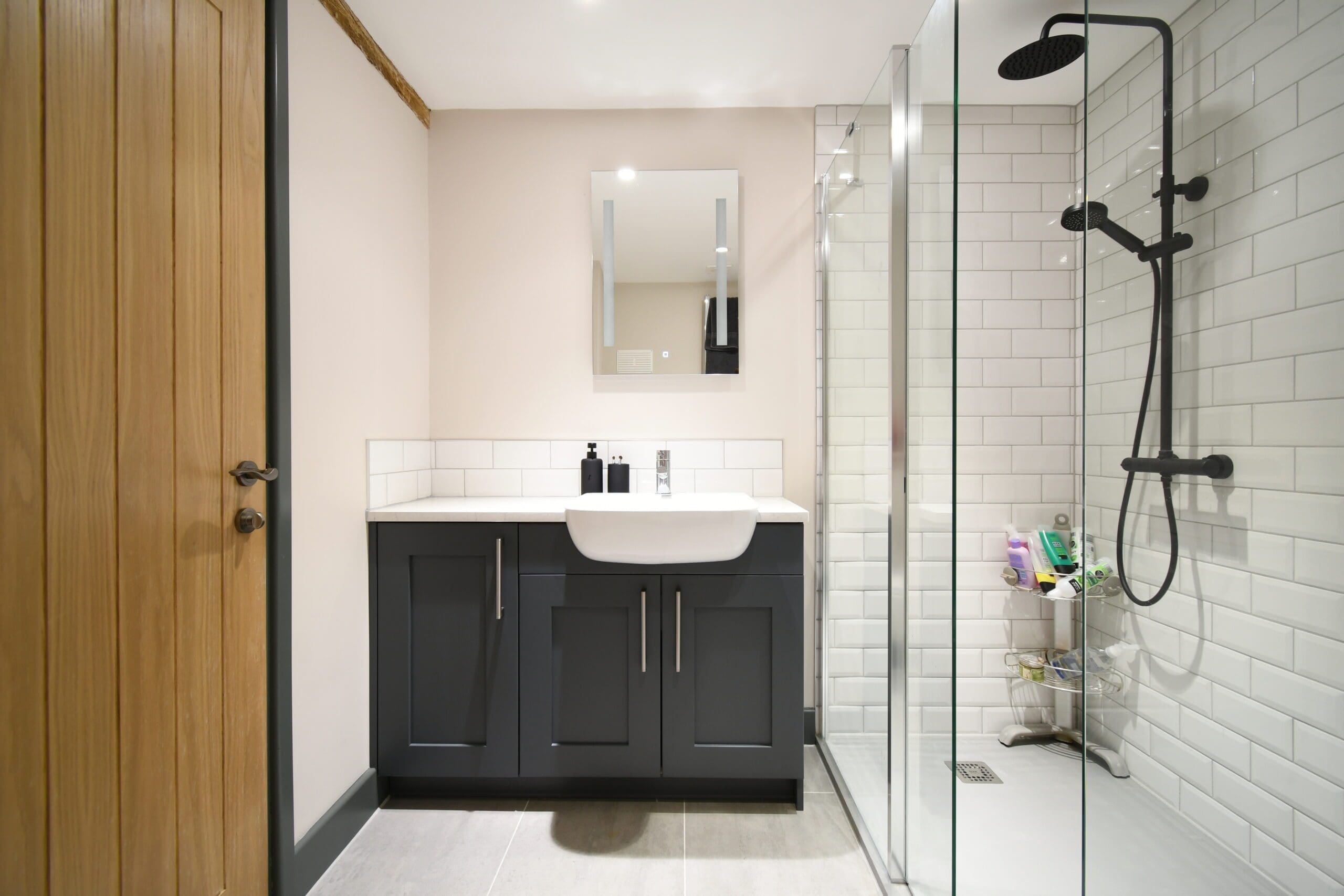 Ensuite Dark Grey Tiled White Shower Walk-In Stonemill Kitchens