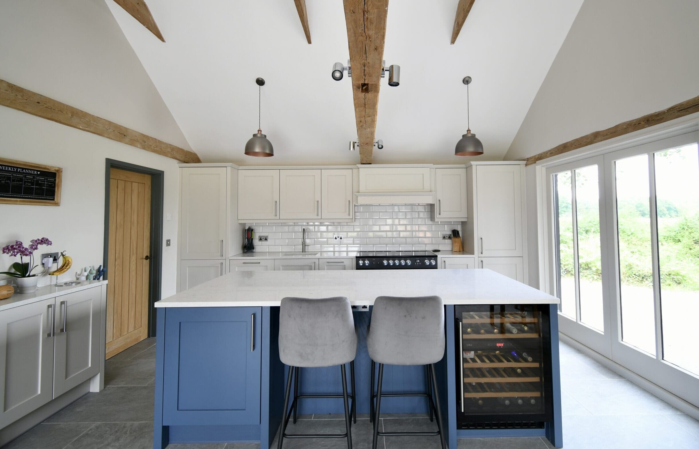 Two Tone Classic Shaker Kitchen Range Cooker Putty and Blue Island Quooker Tap Stonemill Kitchens