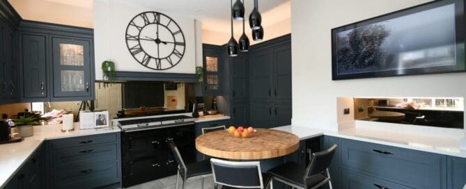 In-frame Kitchen Stonemill Kitchens Gun Metal Handles Dark Grey Blue Oak Breakfast Bar