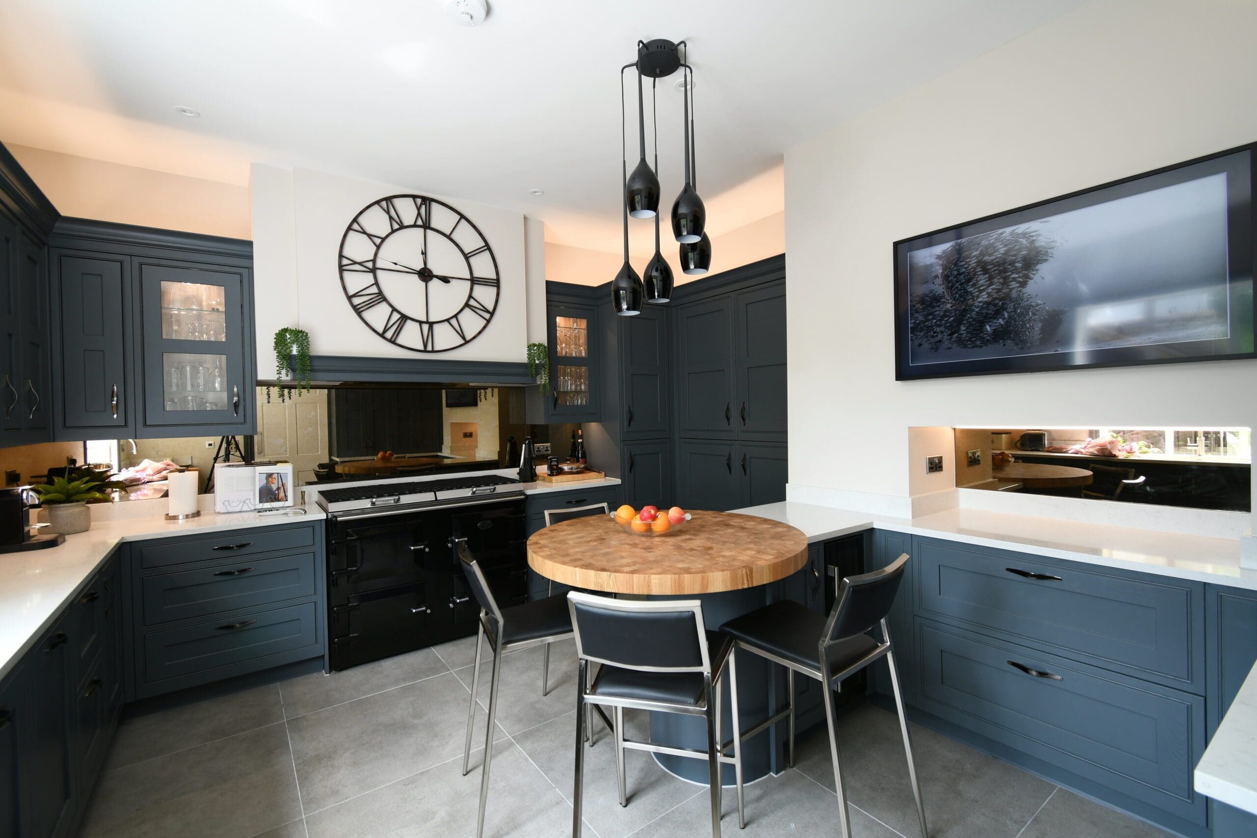 In-frame Kitchen Stonemill Kitchens Gun Metal Handles Dark Grey Blue Oak Breakfast Bar