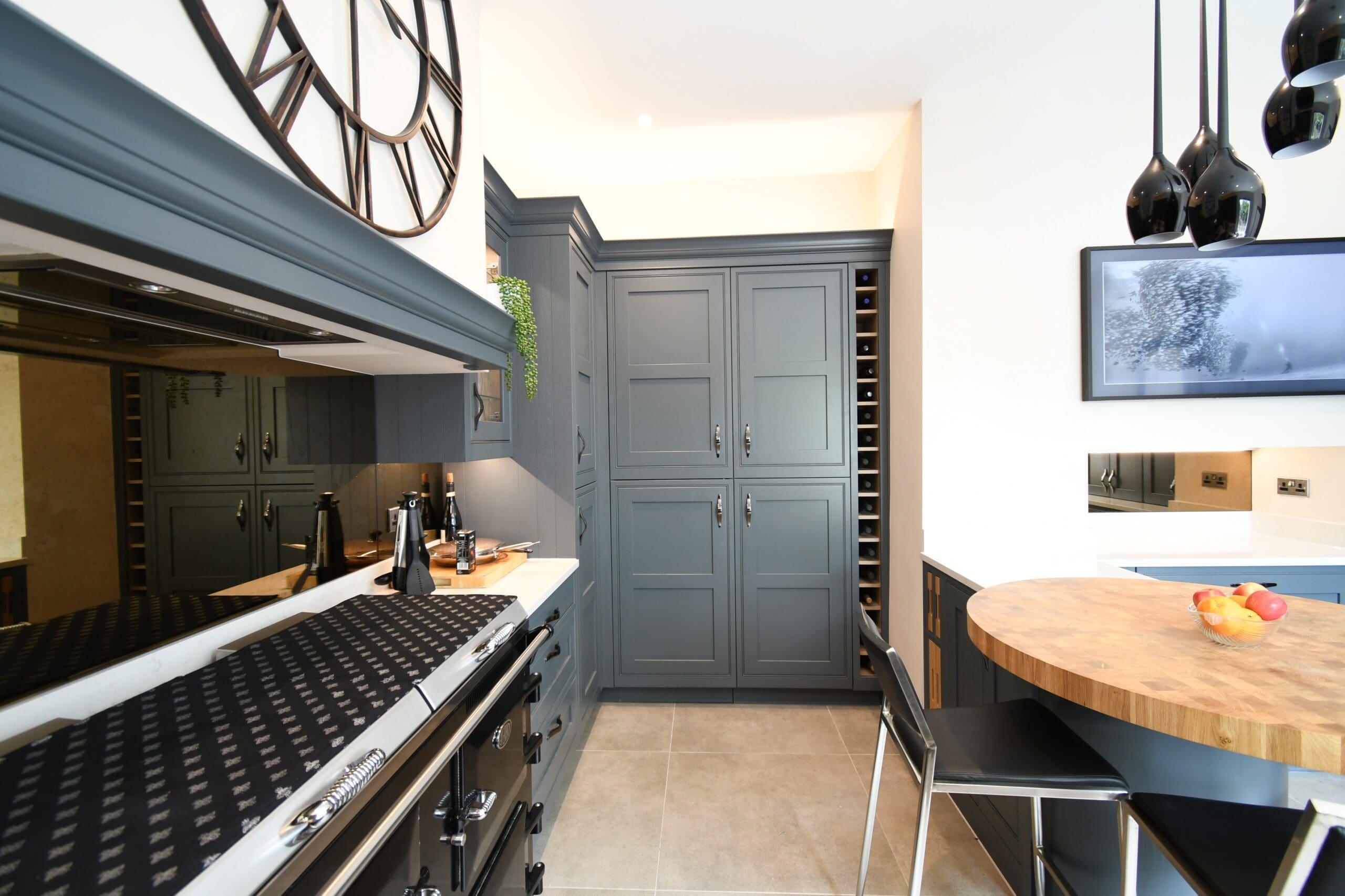 In-frame Kitchen Stonemill Kitchens Gun Metal Handles Dark Grey Blue Oak Breakfast Bar