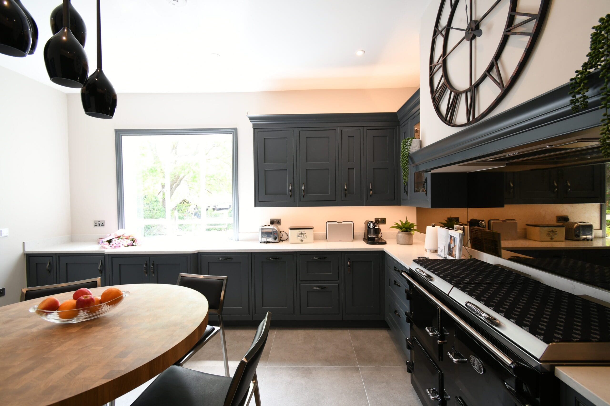 In-frame Kitchen Stonemill Kitchens Gun Metal Handles Dark Grey Blue Oak Breakfast Bar