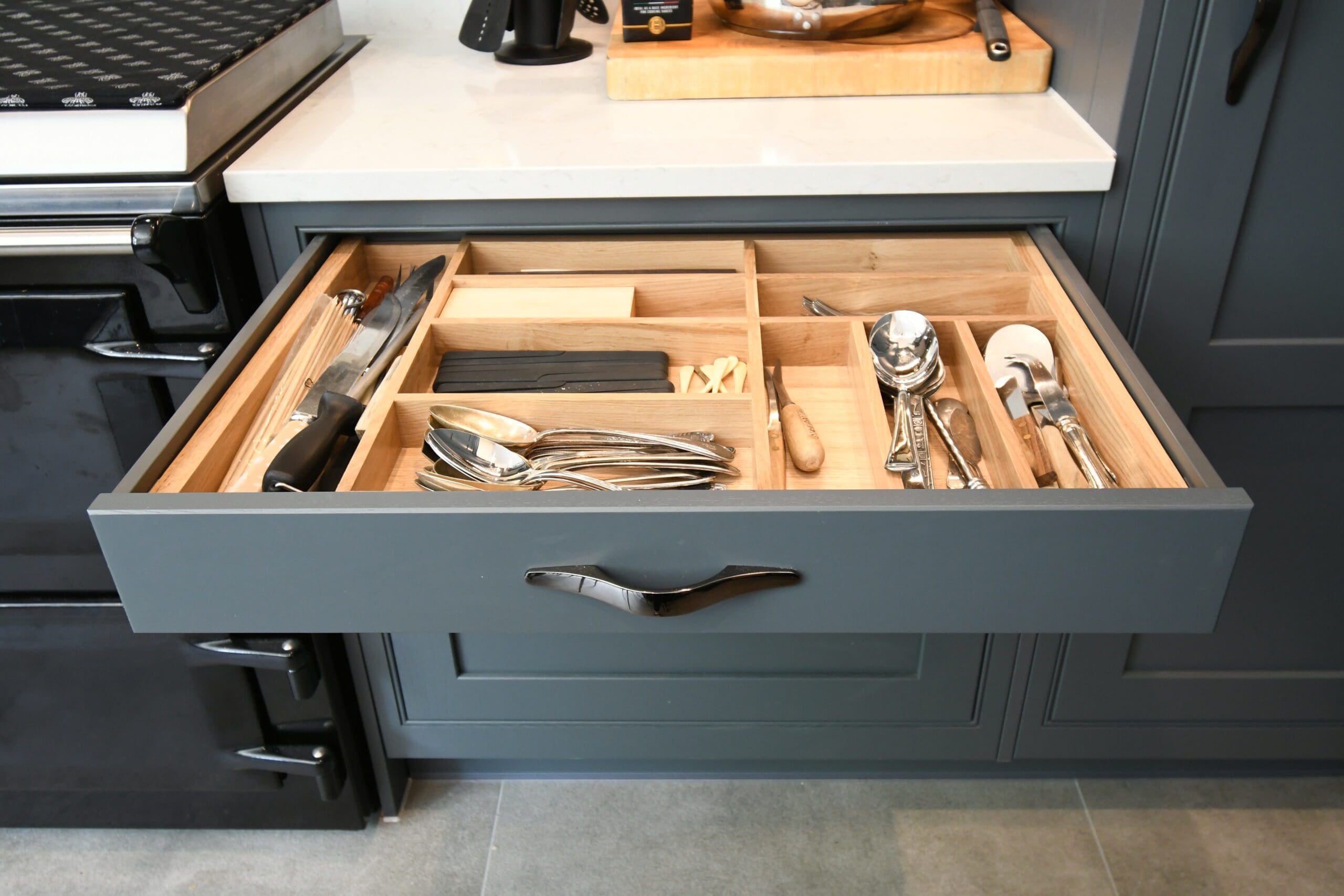 In-frame Kitchen Stonemill Kitchens Gun Metal Handles Dark Grey Blue Oak Breakfast Bar Oak Interiors