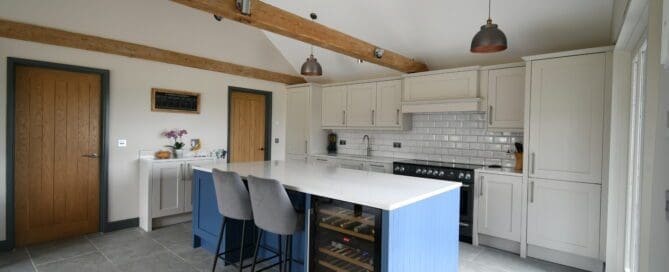 Two Tone Classic Shaker Kitchen Range Cooker Putty and Blue Island Quooker Tap Island Stonemill Kitchens