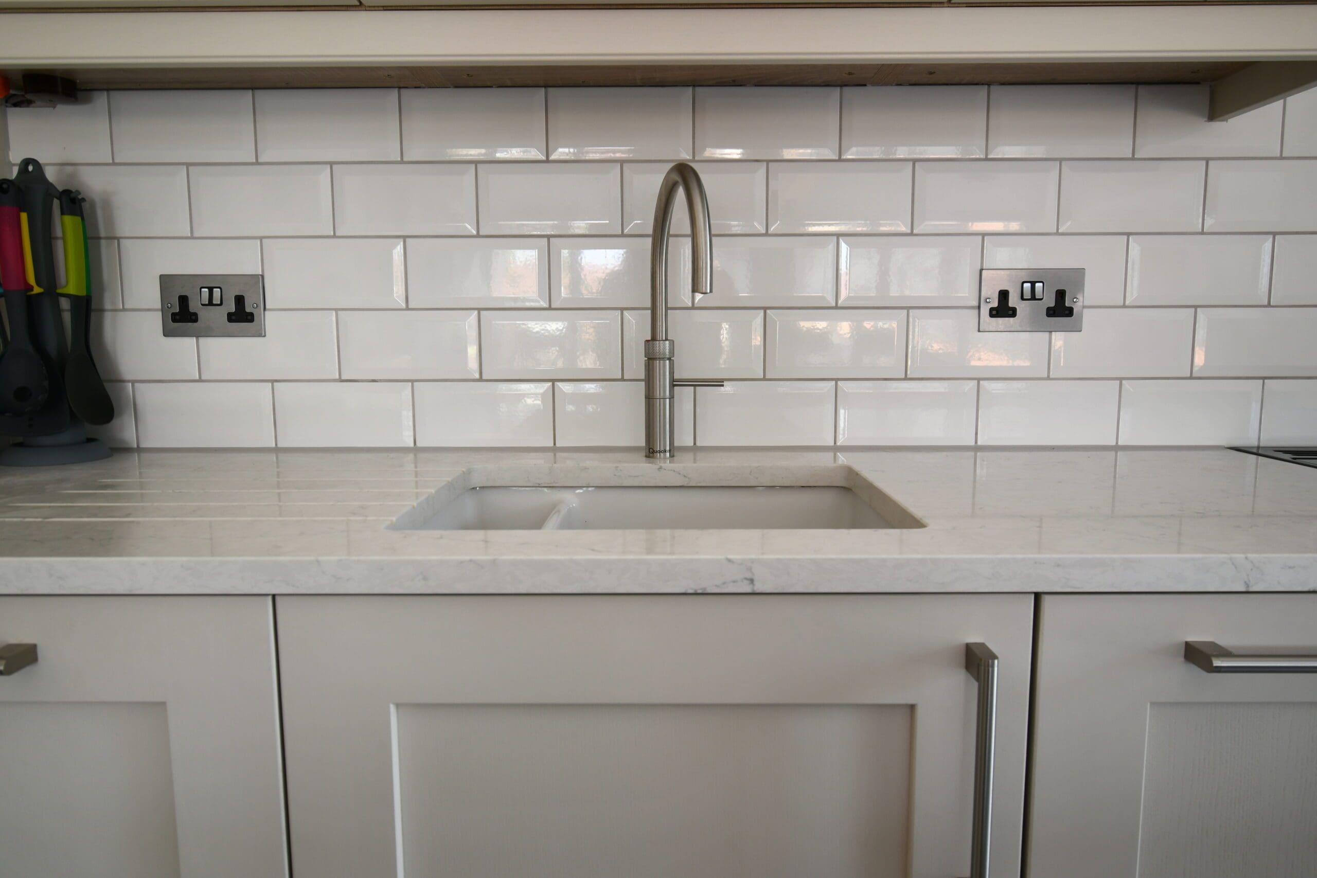 Two Tone Classic Shaker Kitchen Range Cooker Putty and Blue Island Quooker Tap Stonemill Kitchens