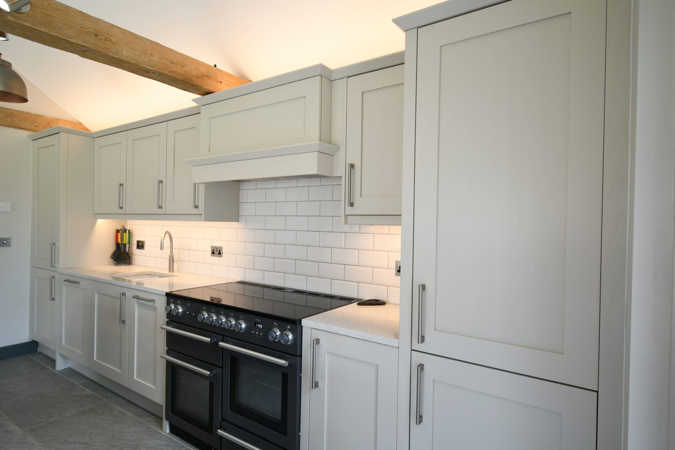 Two Tone Classic Shaker Kitchen Range Cooker Putty and Blue Island Stonemill Kitchens