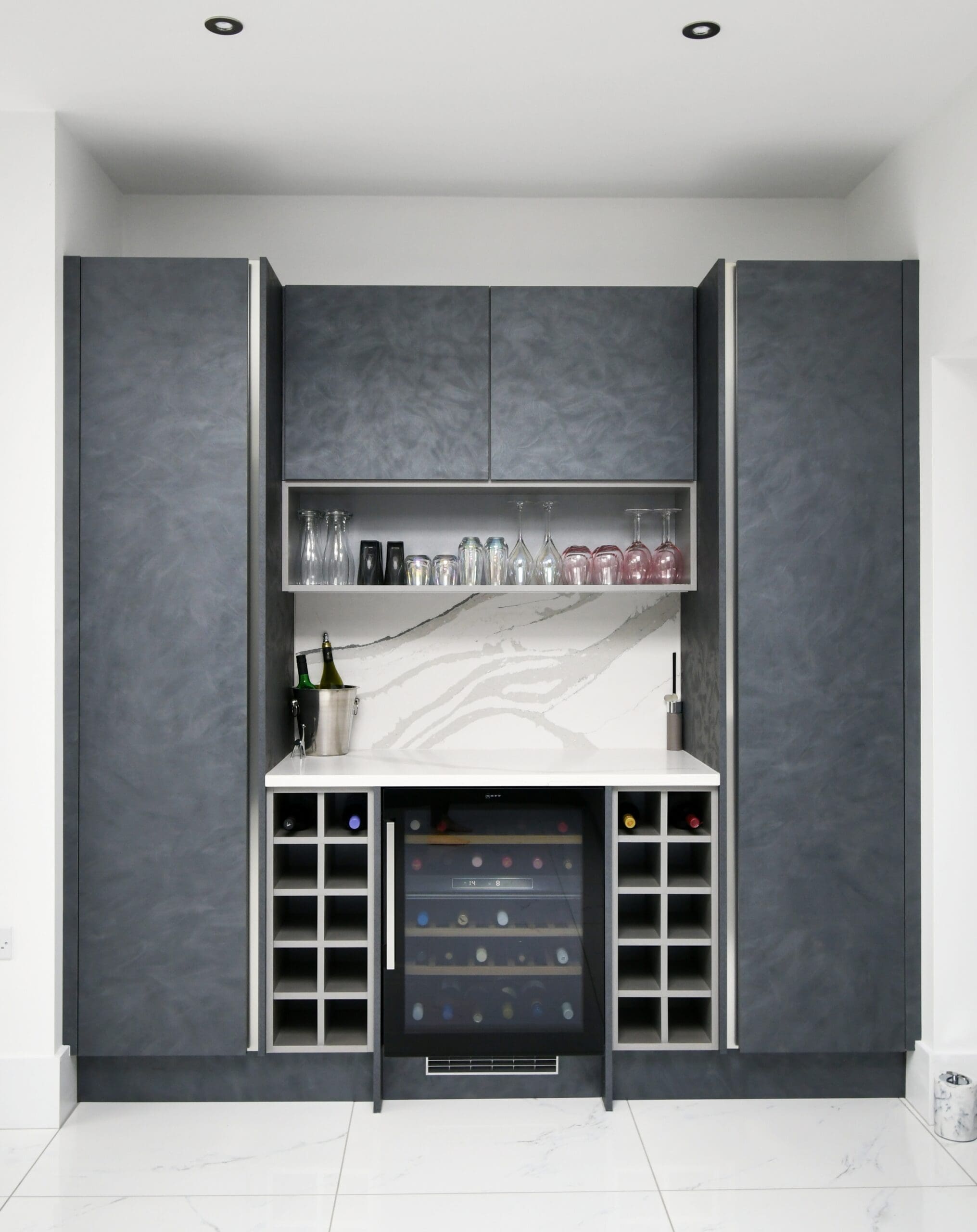 Drinks Area Dark Swirl Grey Slab Door Handleless Rail System Neff Wine Cooler Stonemill with Shelf