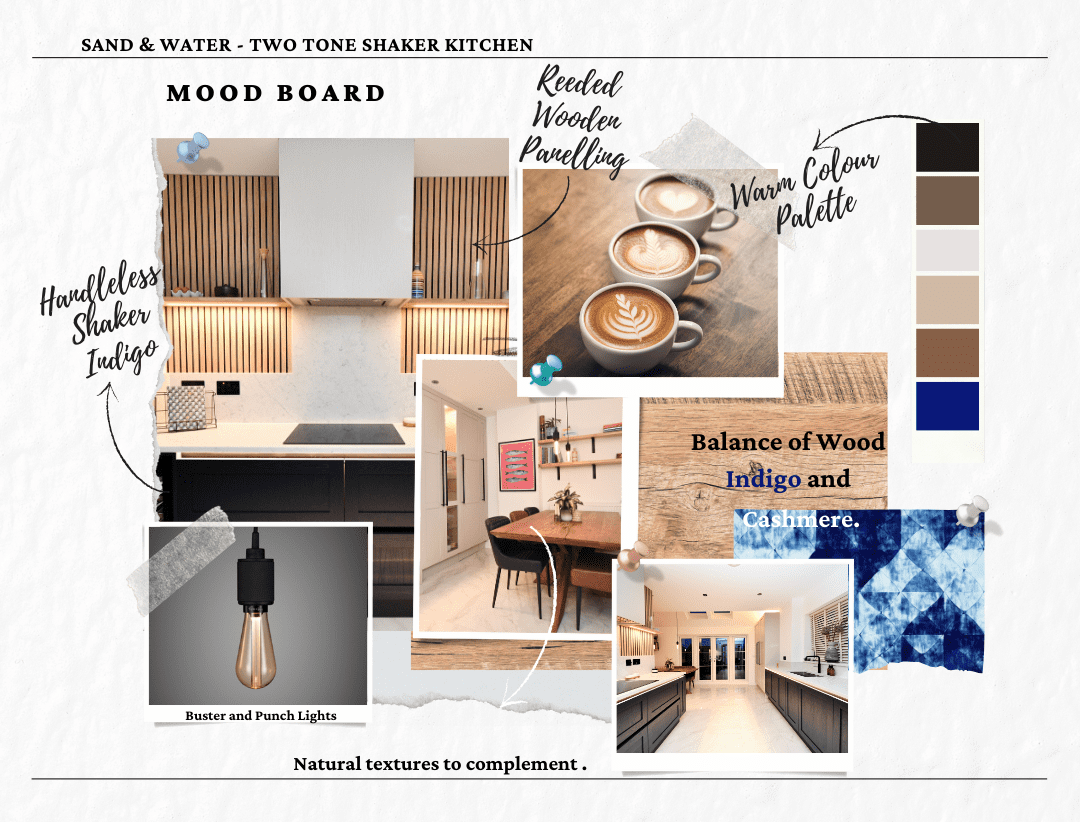Mood Board for Cashmere and Indigo Blue kitchen handleless shaker kitchen